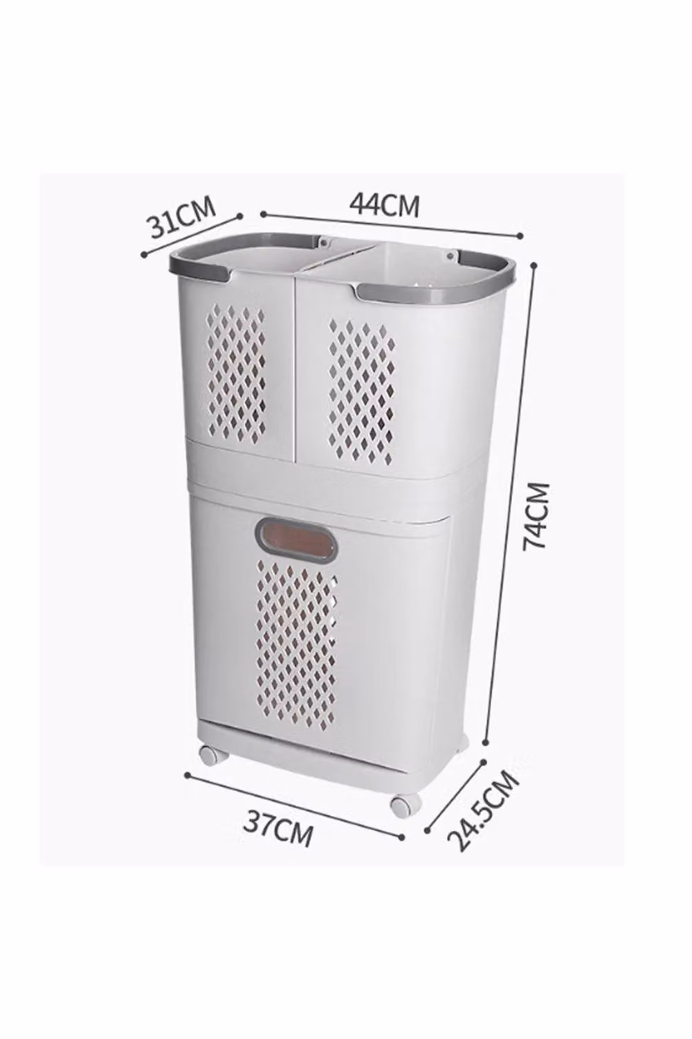 H&O Direct 3 Compartment Detachable Plastic Laundry Baskets with Wheels and Handles, White – 3