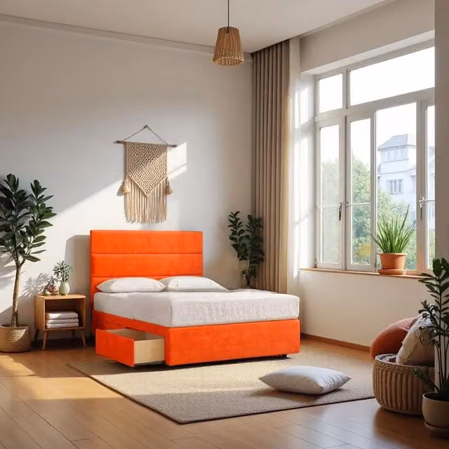 Knight Sleep York Plush Super King Bed with Hybrid Mattress, 2 Drawers and 54 inch Floor Standing Headboard in Orange Velvet – 1