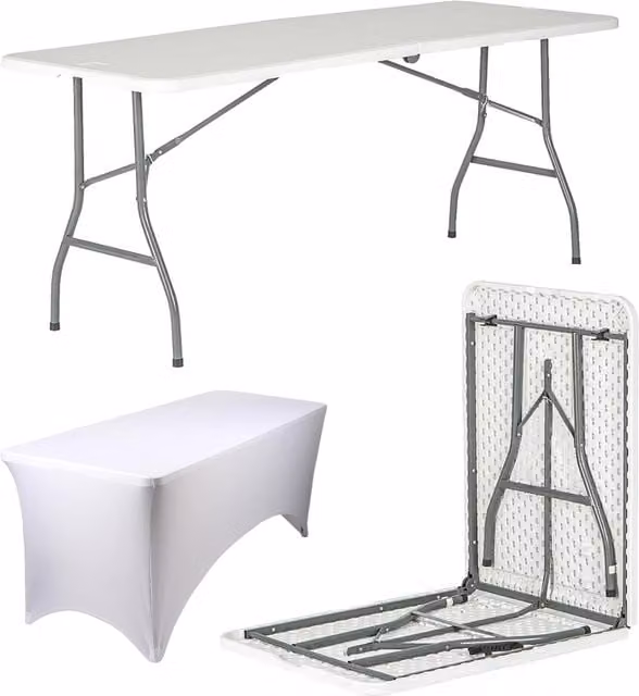 Harbour Housewares White Folding Picnic Table with Fitted Plastic Tablecloth