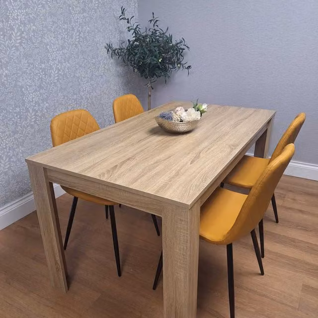 Kosy Koala Modern Rectangular Dining Table and 4 Gem Patterned Stitched Chairs in Mustard Yellow and Oak Finish