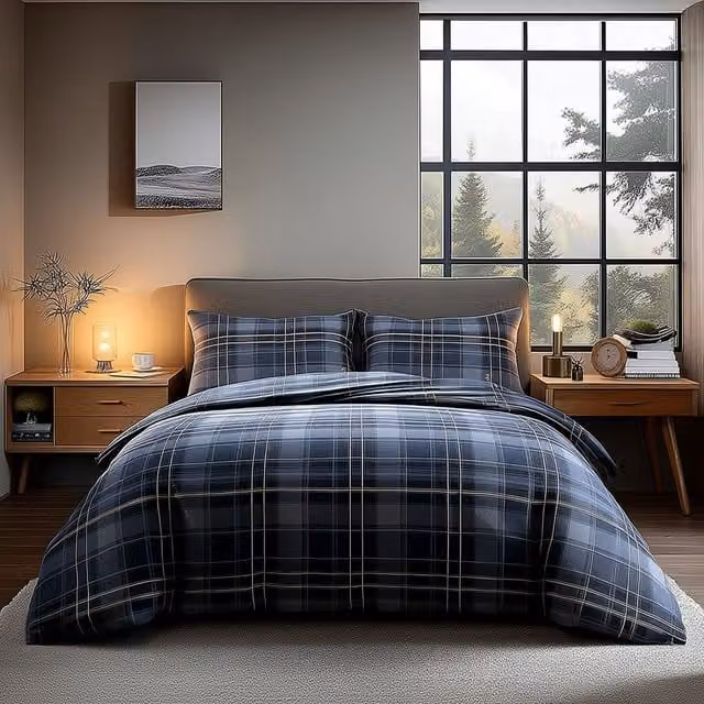 Snug City Blue Checked Polycotton Duvet Cover and Pillowcase Set, Single, W/D/H: 90 x 190 cm