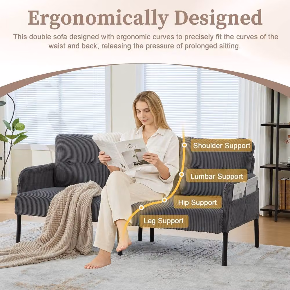 Direct Wicker Oversized Corduroy Loveseat in Grey with Side Pockets and Solid Wood Frame – 4