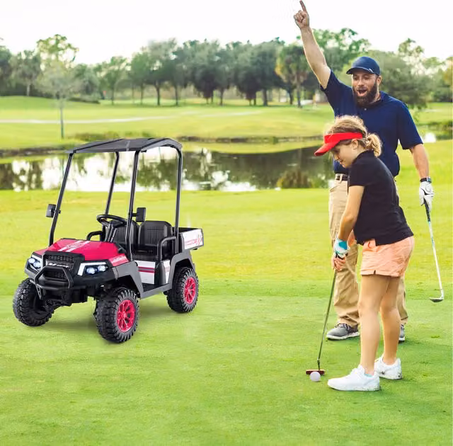 Costway Pink Electric Ride On Kids Golf Cart with Canopy and Rechargeable Battery