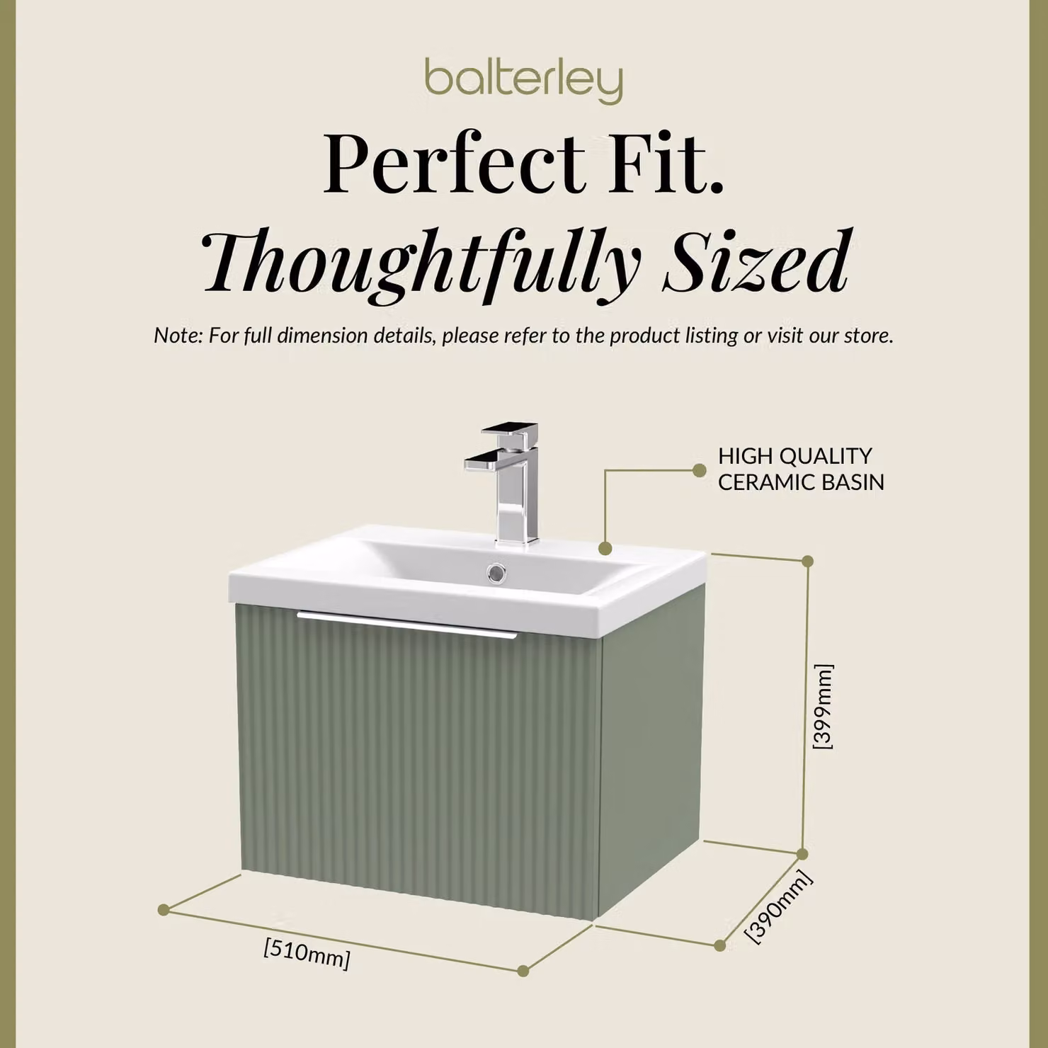 Balterley Fluted Wall Hung 1 Drawer Vanity Basin Unit and Basin, Satin Green, Width: 50 cm – 2