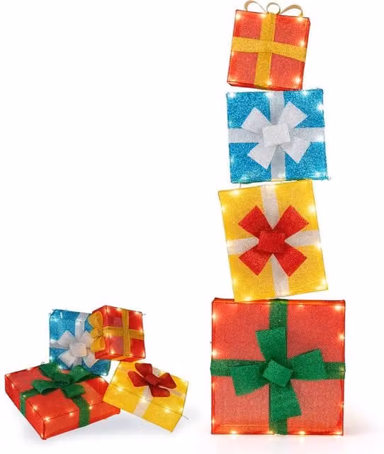 Costway 4 Ft Pre-lit Stackable Multicolour Christmas Gift Box Decorations – 1