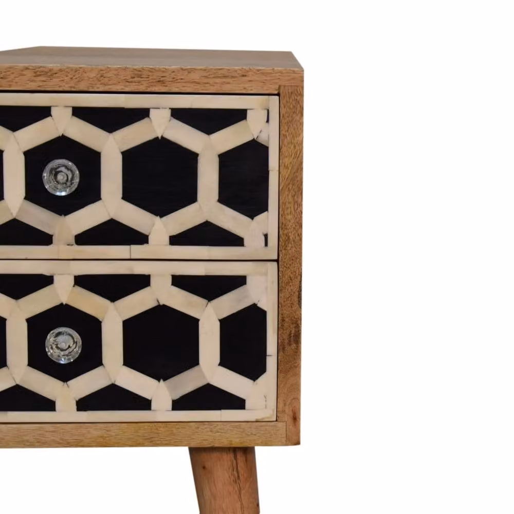 Wyld Haus Valeggio Mini Mango Wood Bedside Table with Bone Inlay and 2 Drawers in Brown – 3