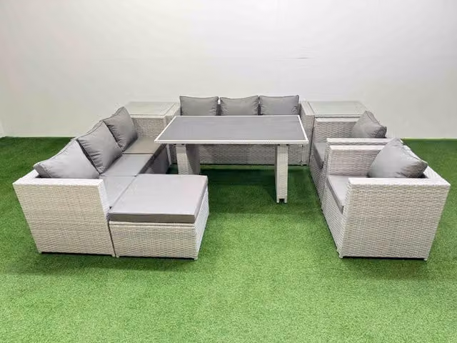 Fimous 9 Seater Outdoor Dining Set with 3 Seater Sofa, 2 Side Tables and Stools in Light Grey