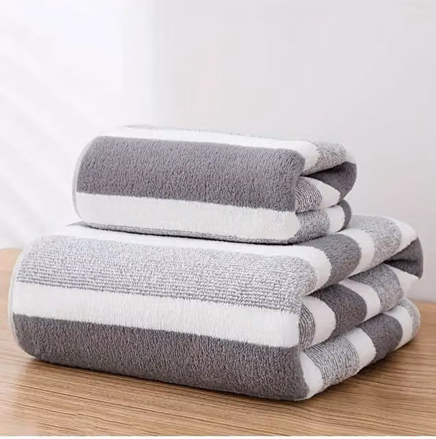Dyzi Striped Quick Dry and Fluffy Terrycloth Bath and Hand Towel Set in Light Grey