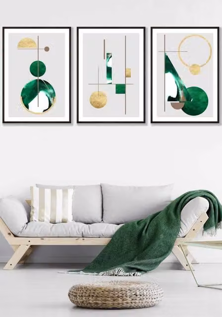 ARTZE Abstract Geometric Textured Wall Art in Green, Gold and Black with Black Wood Frame, W: 53 cm, H: 73 cm, D: 2 cm