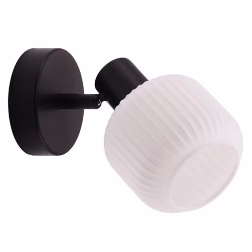 Happy Homewares Modern Adjustable Matte Black Wall Light with White Ribbed Glass Shade