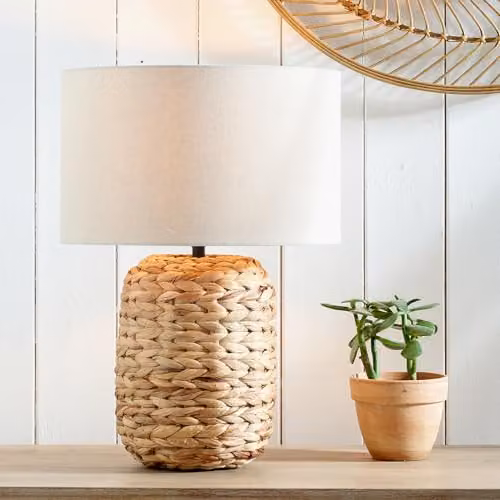 Pacific Lifestyle Boho Seagrass and Water Hyacinth Table Lamp with Cream Fabric Shade, Beige W/D/H: 35 x 35 x 50 cm – 1