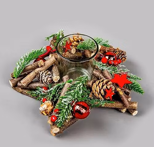 Shatchi Star Tealight Votive Candle Holder with Rustic Wooden Twigs and Red Decorations, Height: 22 cm