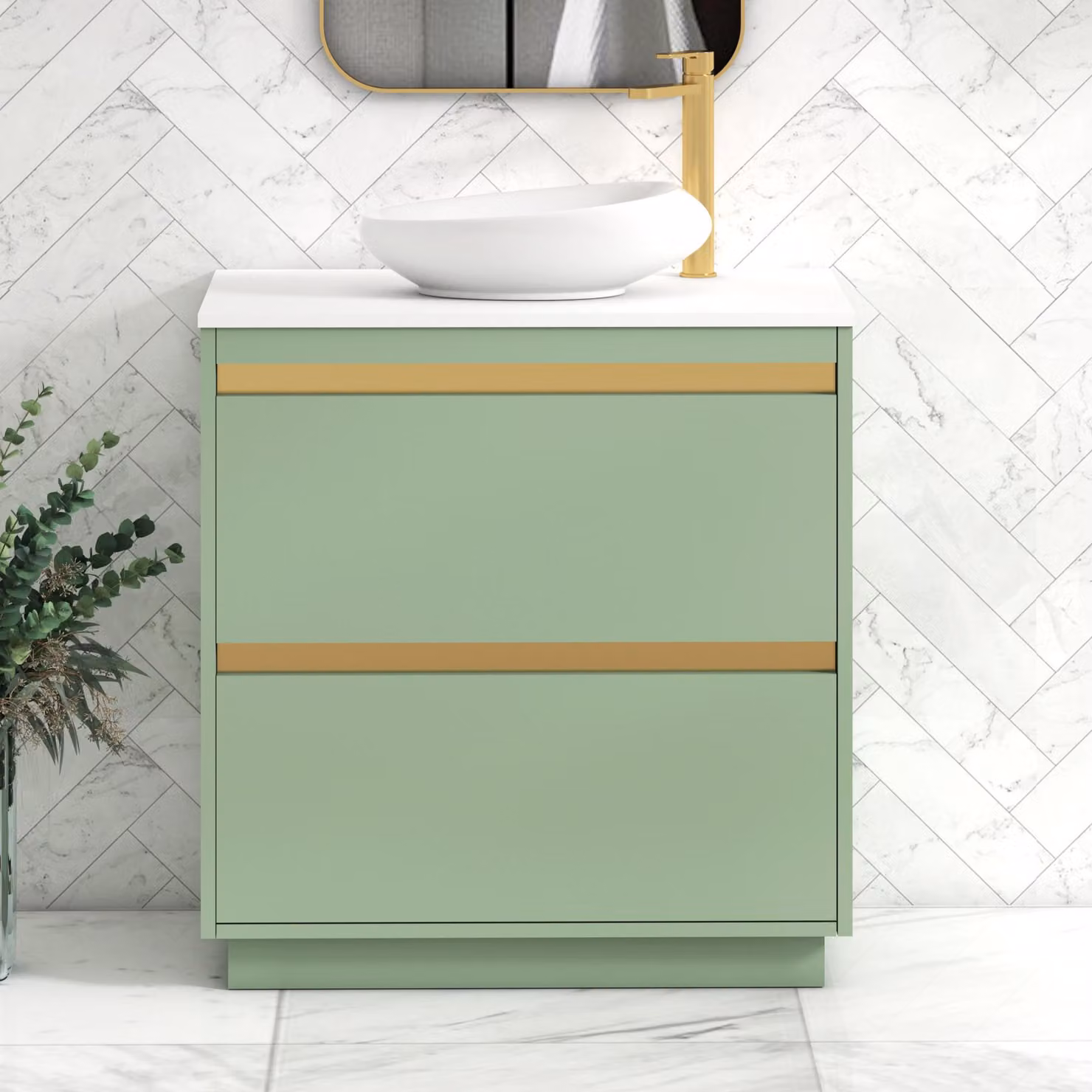 Royal Bathrooms Orion 800mm Mint Sage Floor Standing 2 Drawer Vanity Unit with Nova Basin and Brushed Brass Accent Trim