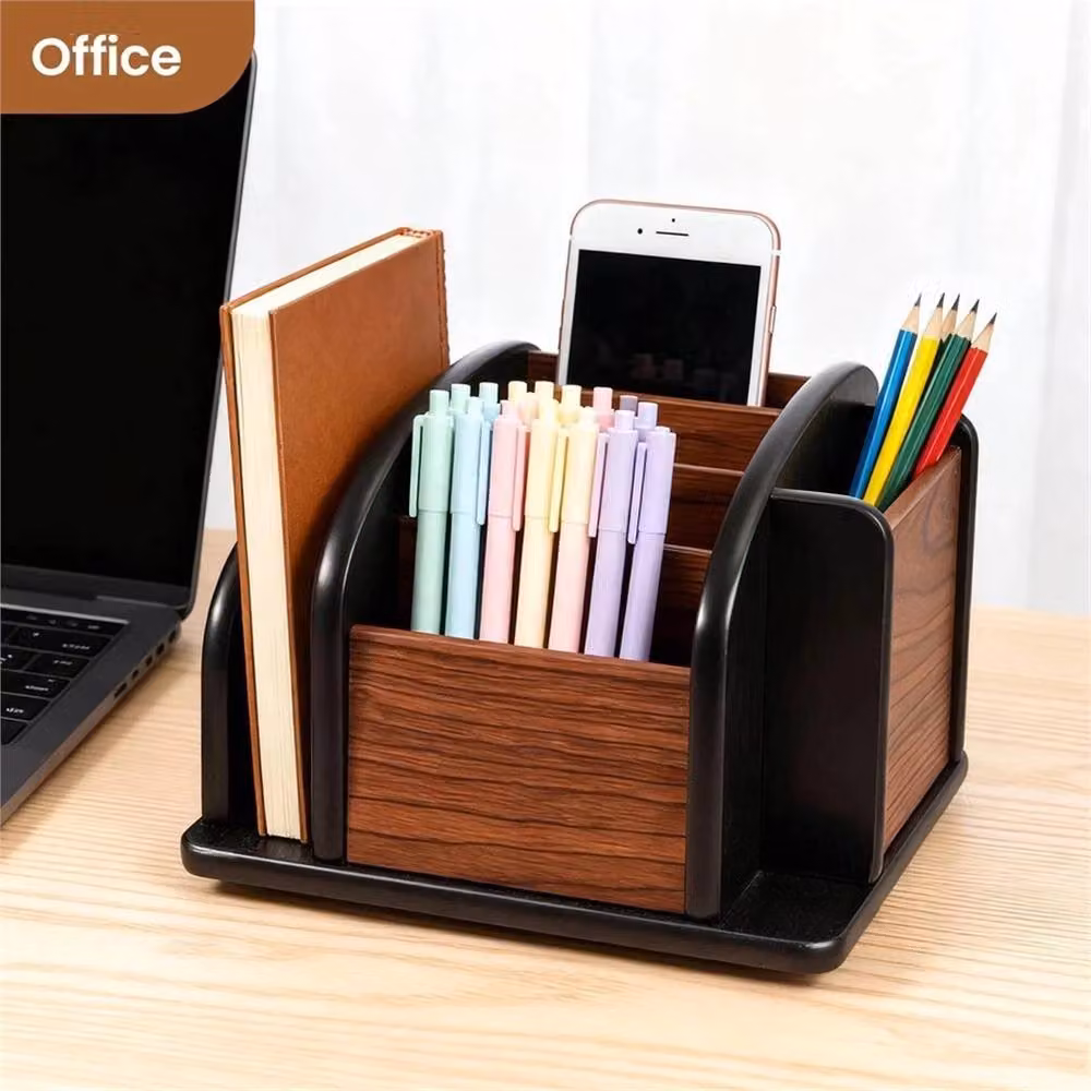VOGREX Rotating Solid Wood Multi-Compartment Desk Organiser in Brown – 3