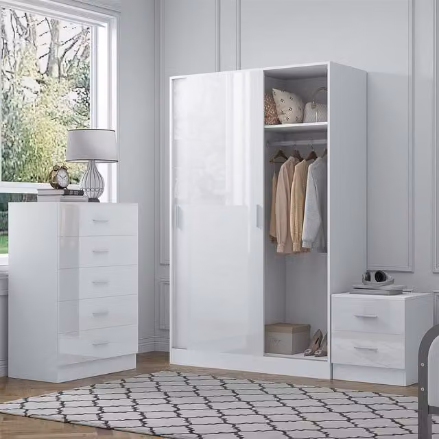REFLECT Bedroom Furniture Bundle featuring Sliding Wardrobe, Tall Chest and Bedside Table in White Gloss and Matt White