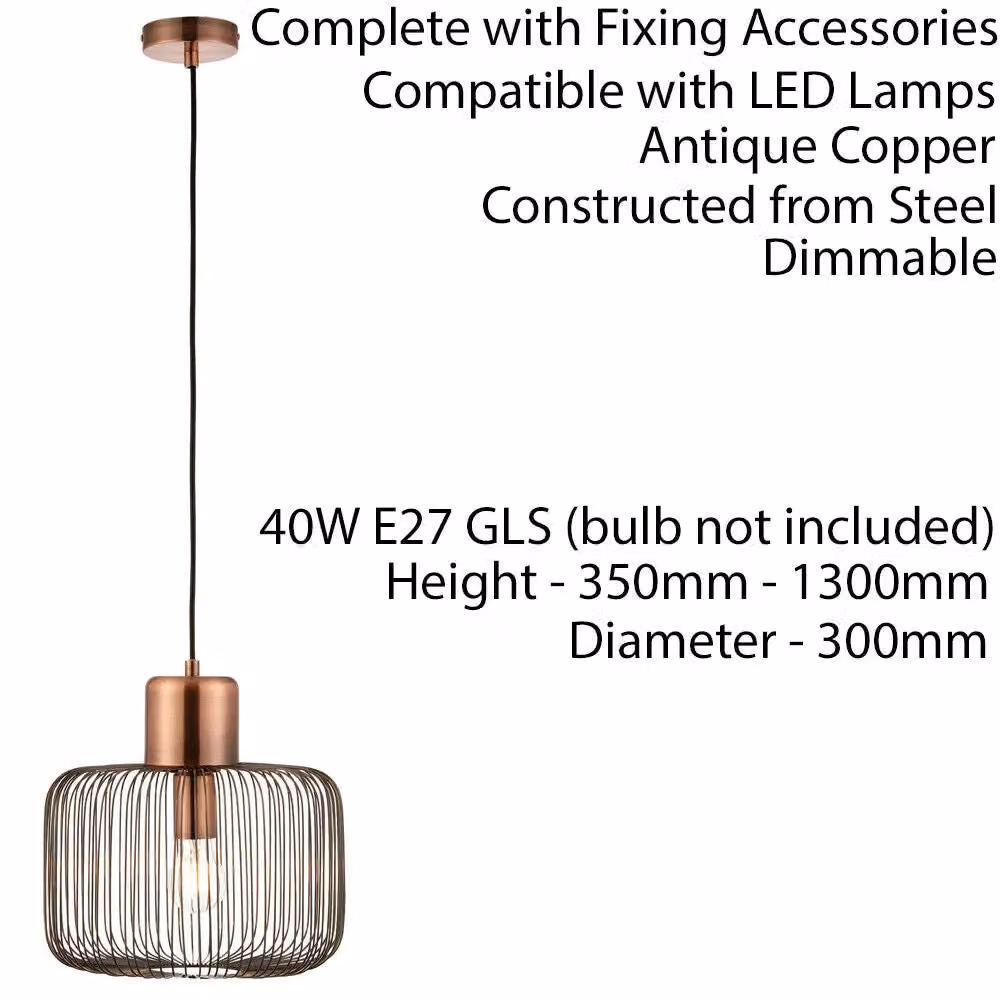Loops Industrial Copper Metal Hanging Ceiling Pendant Light, Height Adjustable, E27 Socket – 2