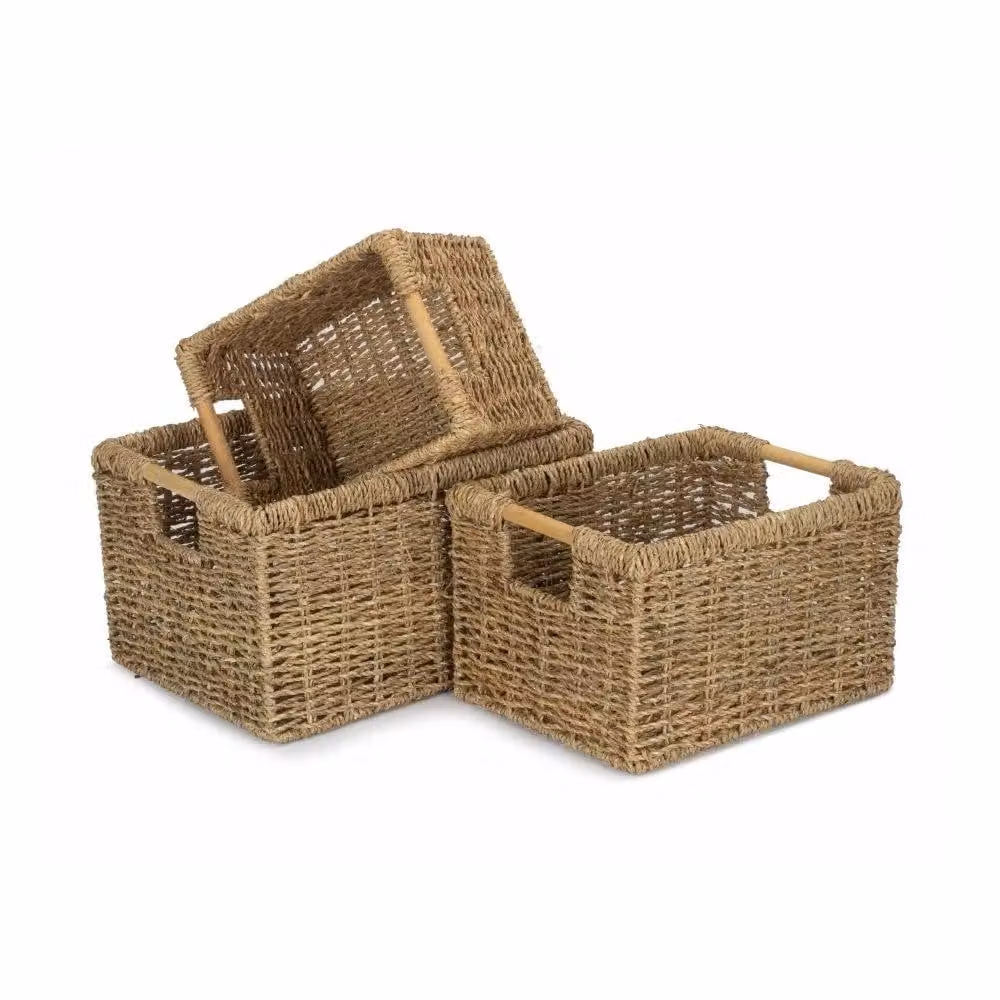 Red Hamper Set of 3 Nordic Seagrass Storage Baskets in Brown and Red – 2