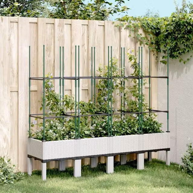 Berkfield Home Garden Planter with Trellis in White, W: 160 cm, D: 40 cm, H: 142.5 cm