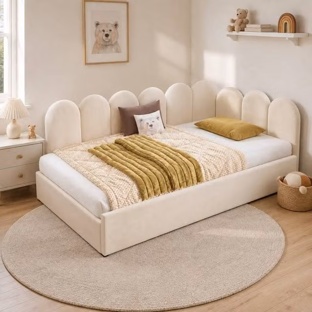 STILVORA Single Daybed with Pull-Out Bed in Beige Velvet, W/D/H: 90 x 190 x 76 cm