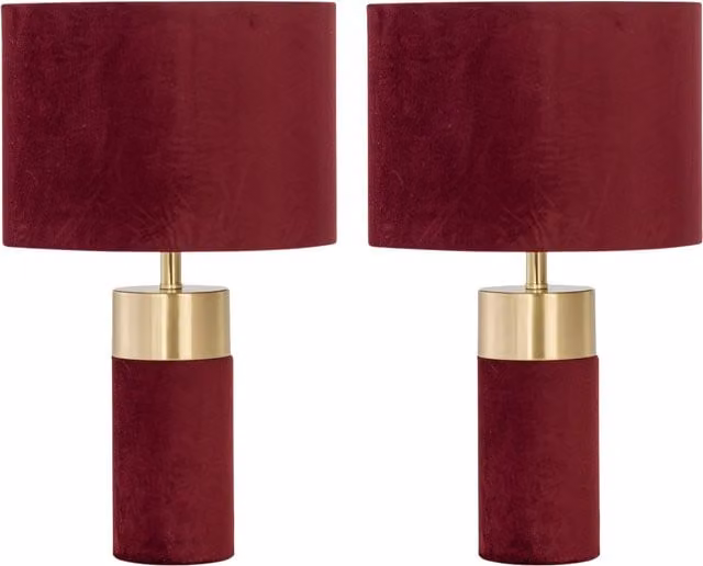 First Choice Lighting Set of 2 Burgundy Velvet Table Lamps with Brass Detail – 1