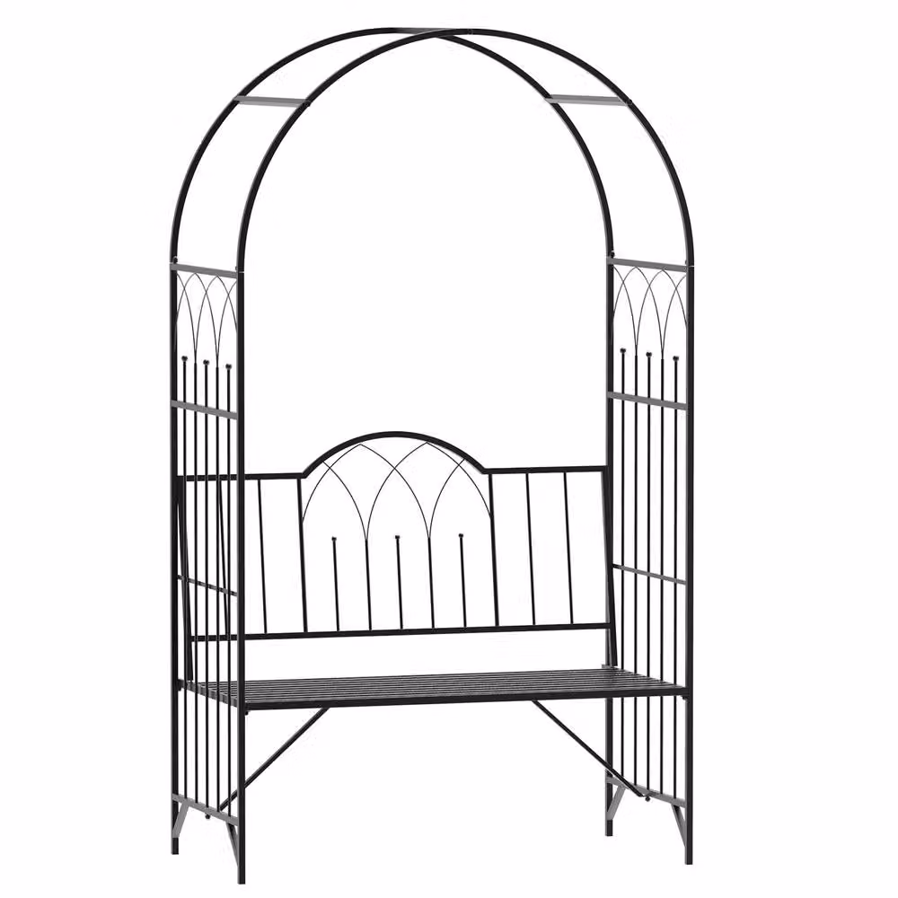 OUTSUNNY Classic Metal Garden Arch Bench and Trellis Arbor in Matt Black – 2
