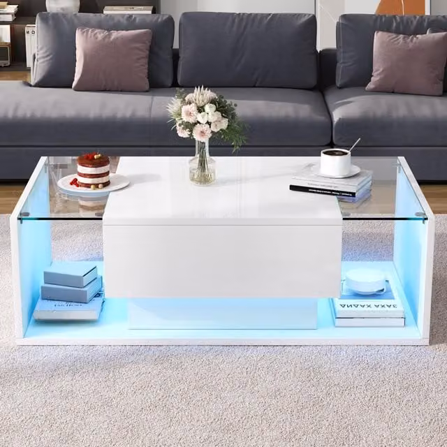 Aosom UK High-Gloss Modern Coffee Table with Drawer and Semi-Open Storage, White, W: 100 cm, D: 50 cm, H: 31 cm