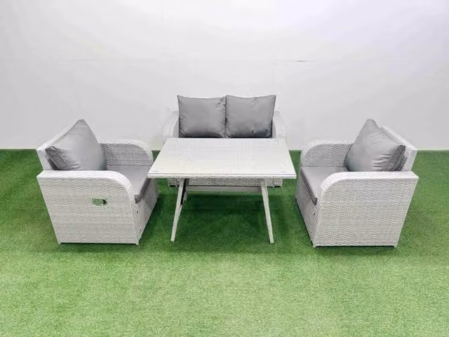 Fimous Grey PE Wicker Rattan Garden Furniture Set with 2-Seater Sofa, Lounge Armchair, Coffee Table and Upholstered Cushions