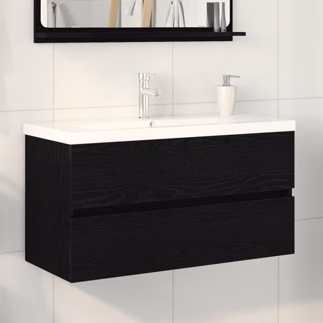 Berkfield Home Black Oak Sink Cabinet with Built-in Basin and Internal Drawers, W: 90 cm, D: 38 cm, H: 45 cm – 1