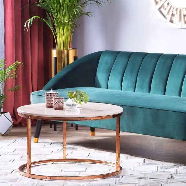 Wyld and Coco Round Coffee Table with Beige Marble-Effect Top and Gold Legs, Dia 70 cm, H 43 cm – 1