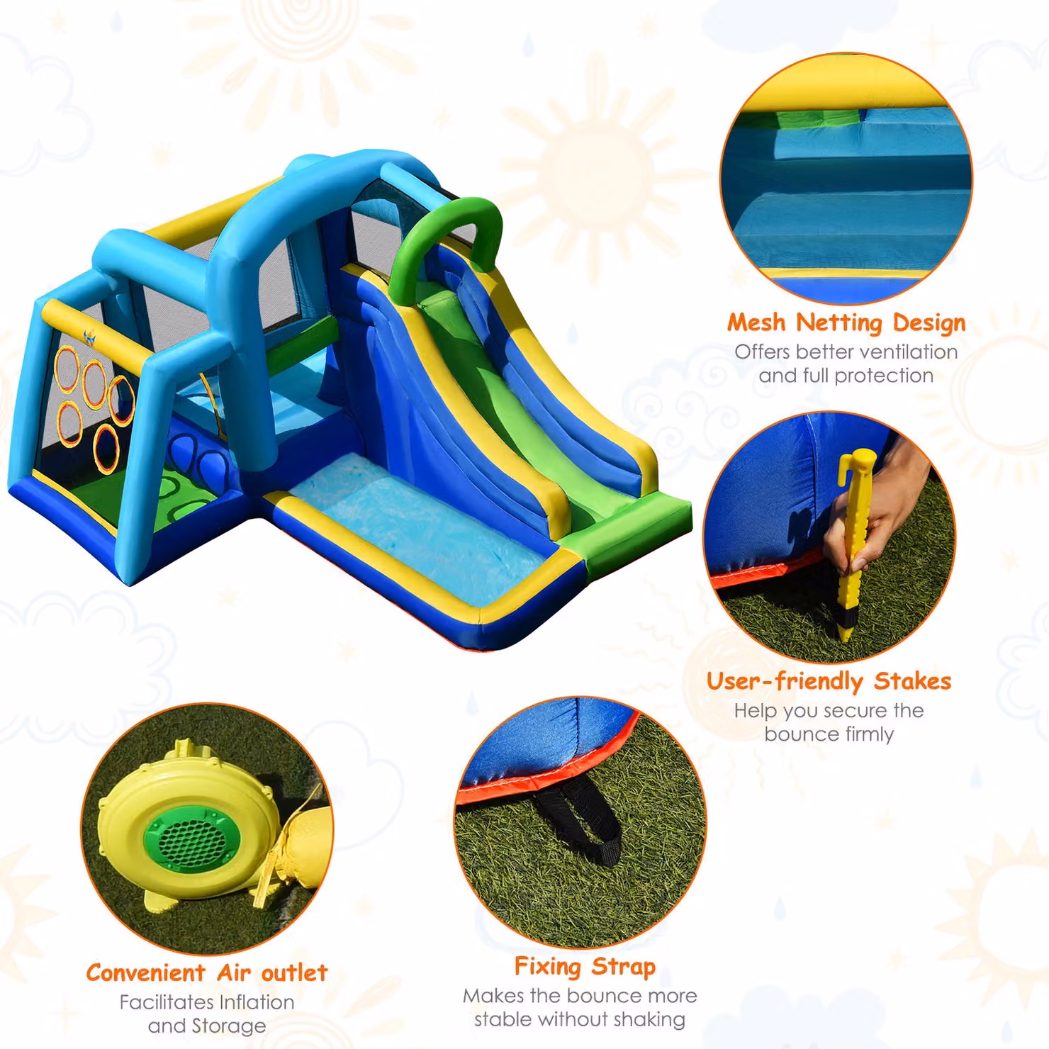 COSTWAY Blue Inflatable Ball Pit with Slide and Safety Net – 2