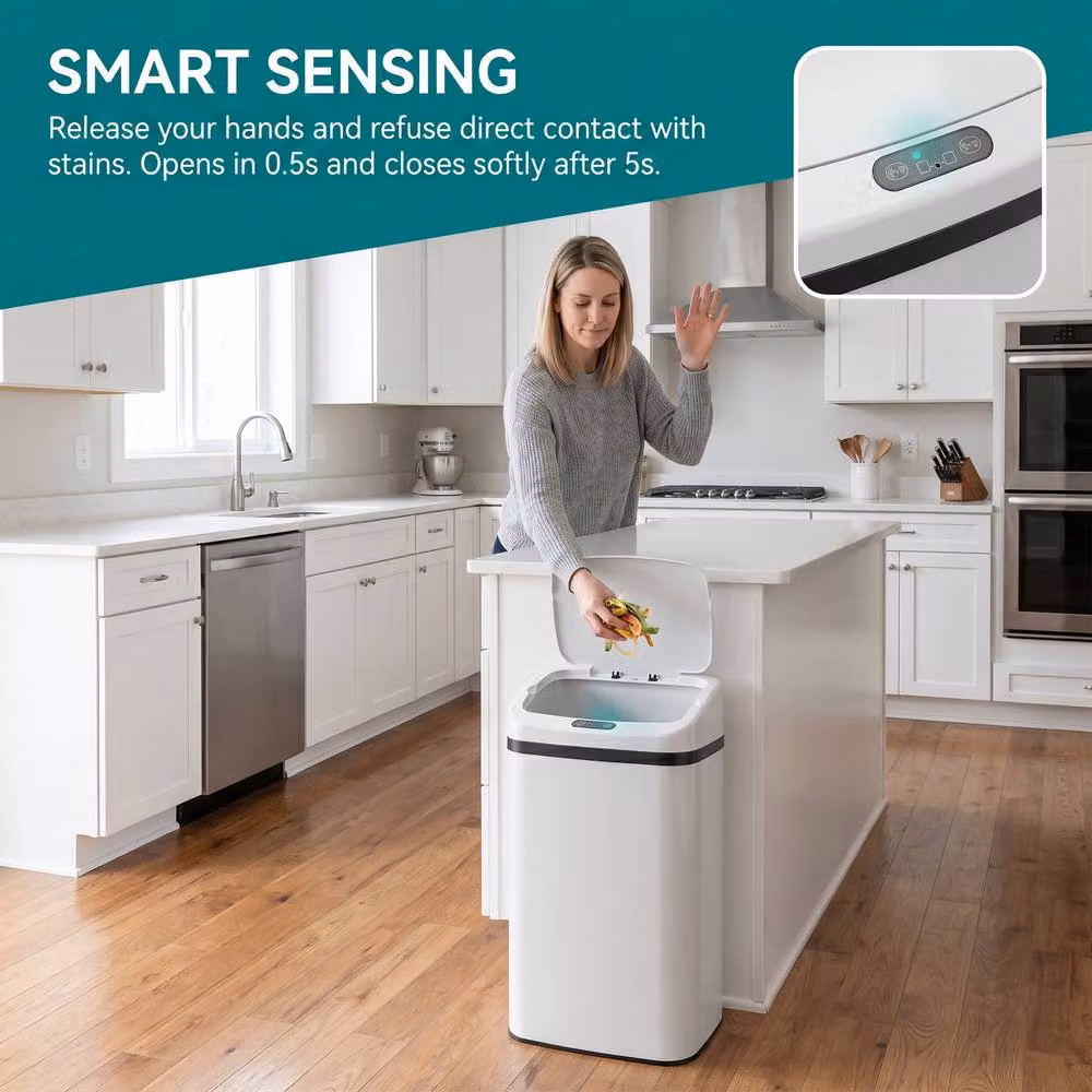 HOMCOM 48L Sensor Bin, Stainless Steel Automatic Kitchen Bin in White – 4