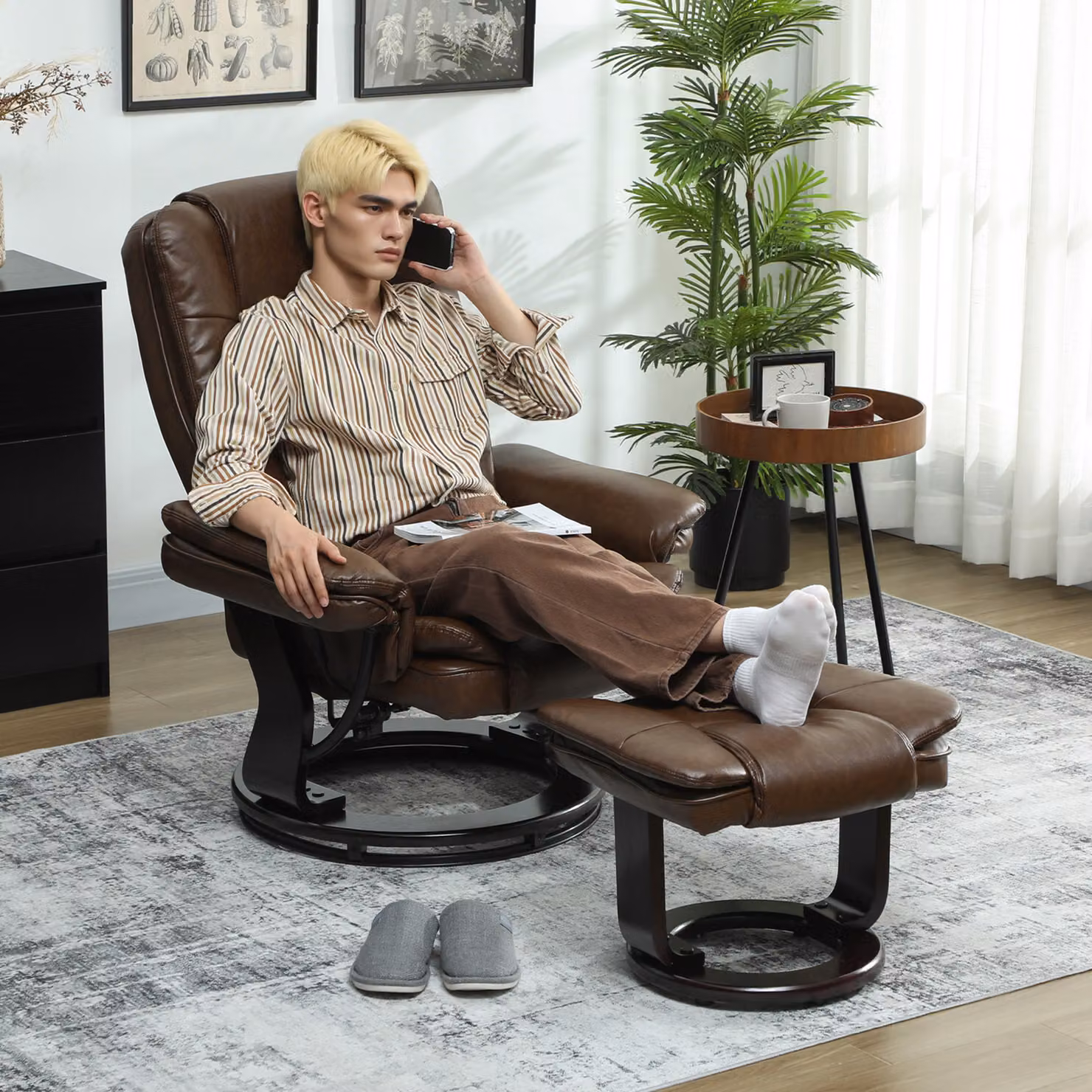 HOMCOM Faux Leather 135 Degree Reclining Chair with Matching Footstool and 360 Degree Swivel, Brown – 2