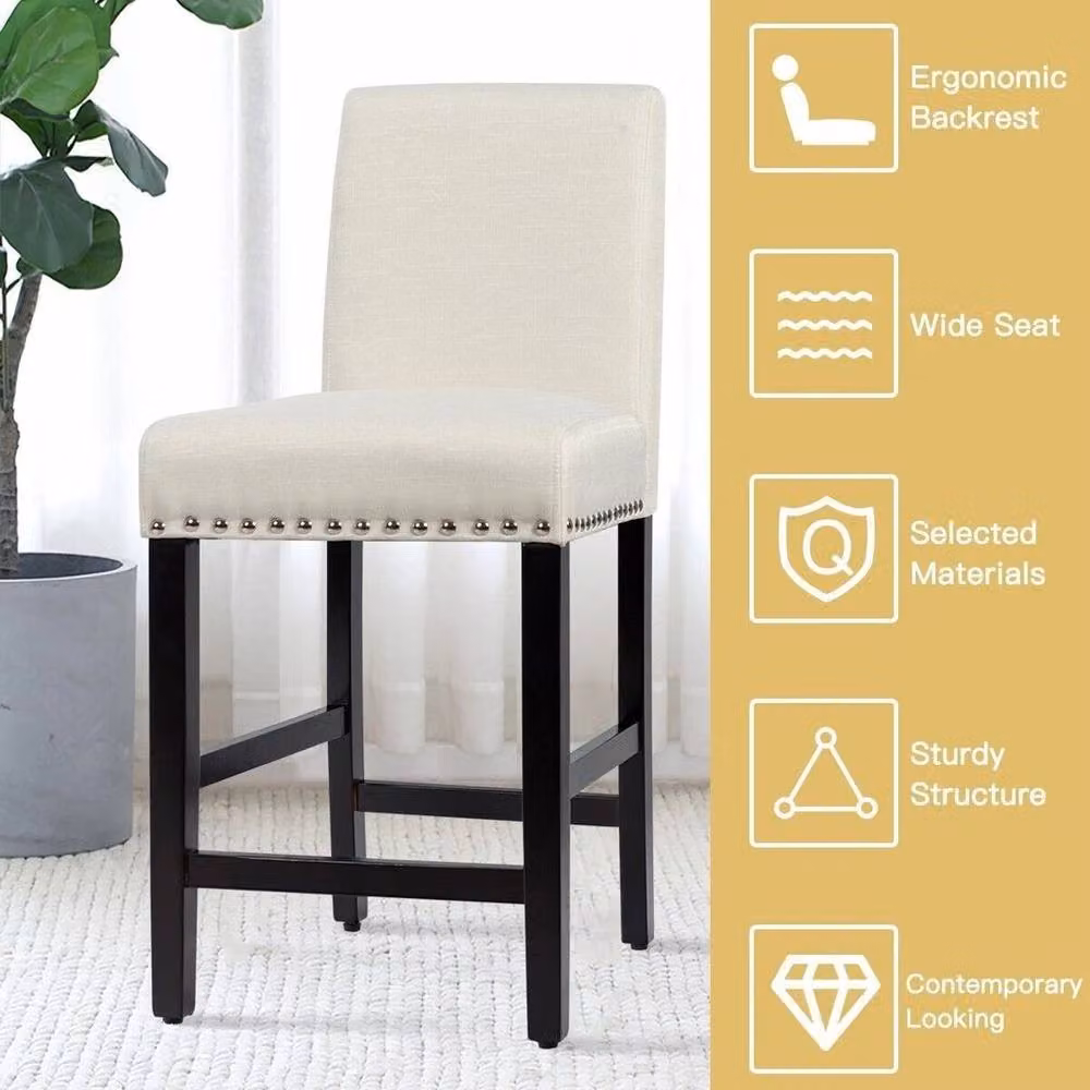KORVIXA 2-Pack Mid-Century Beige Fabric Counter Height Bar Stools with Rubberwood Legs – 4
