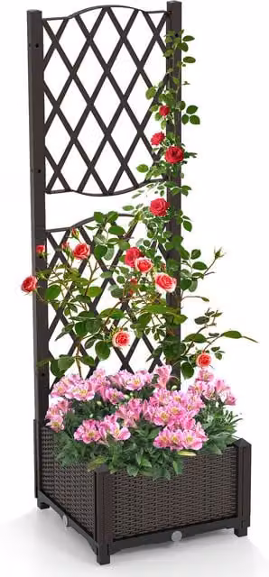 Costway Brown Raised Garden Bed Planter with Trellis for Vegetable and Ornamental Gardens