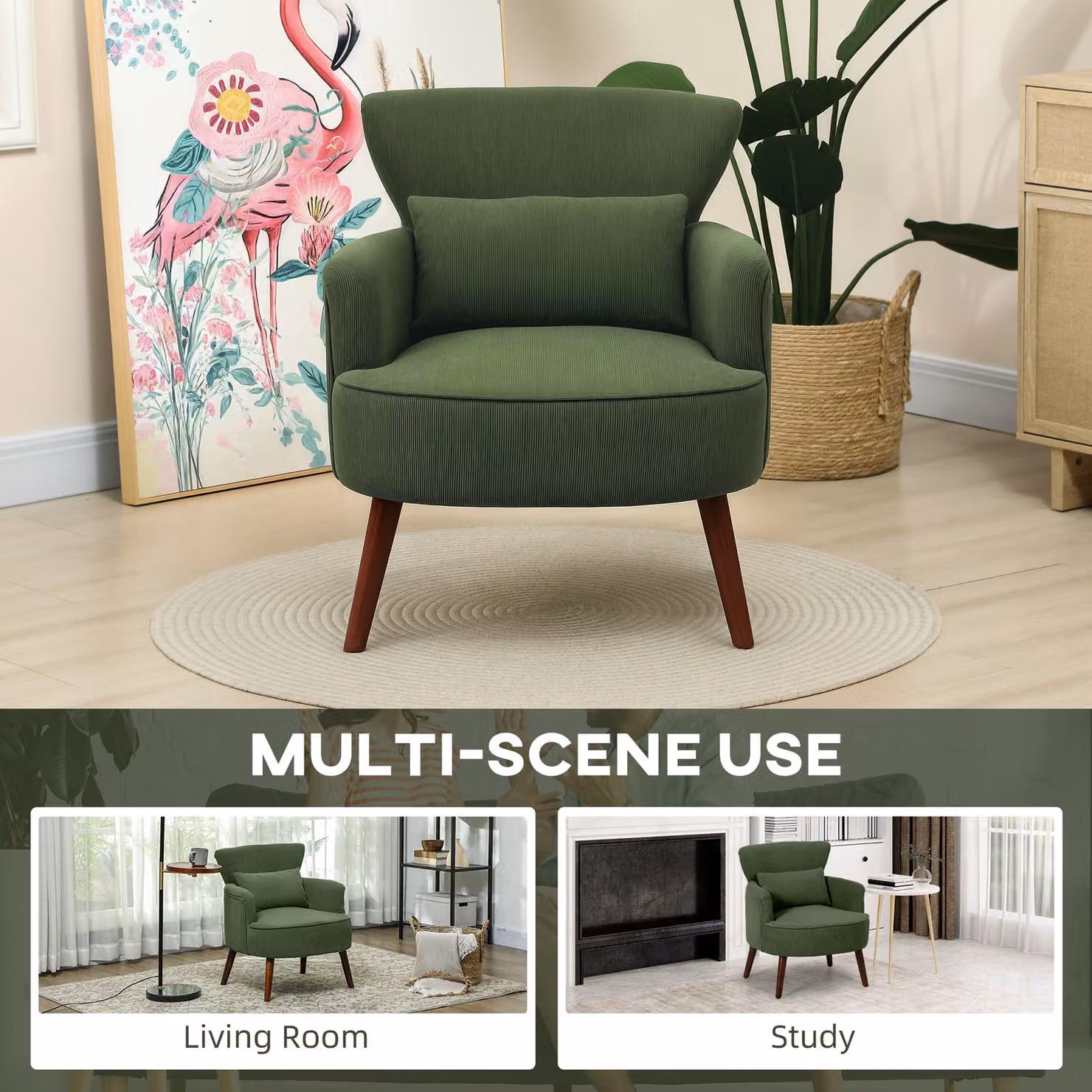 HOMCOM Retro Corduroy Accent Chair with Armrests in Green – 8