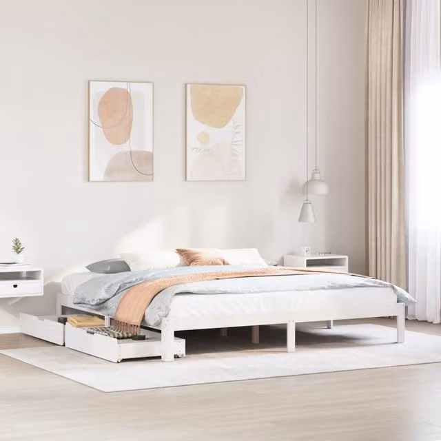Berkfield Home Super King Bed Frame with Drawers in White Rustic Pine Wood, W/D/H: 180 x 200 cm