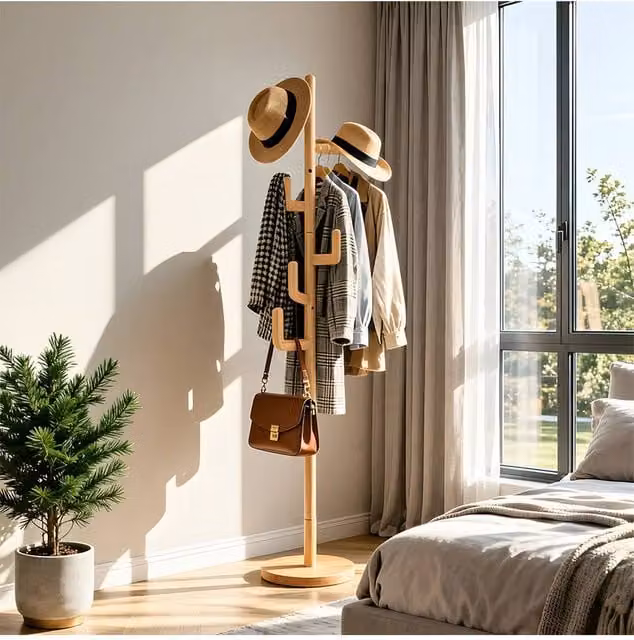 Living and Home Freestanding Wooden Coat Rack with 6 Hooks in Beige – 1