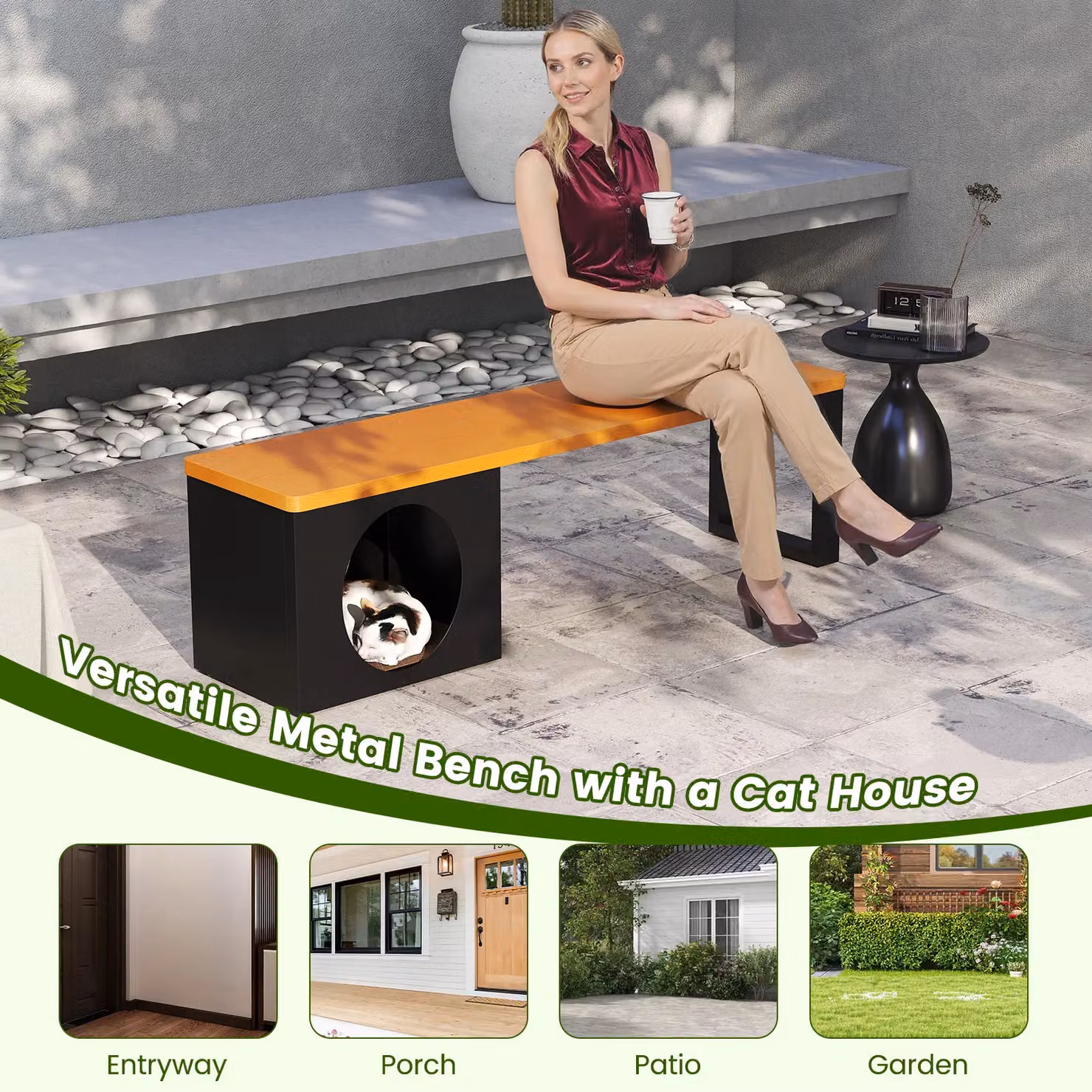 Gymax Brown Metal Outdoor Bench with Cat House for 3 Adults – 8