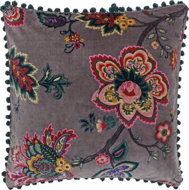 Paoletti Palampur Feather Rich Square Floral Cushion in Multicolour Brown and Grey, W/D/H: 50 x 50 x 50 cm