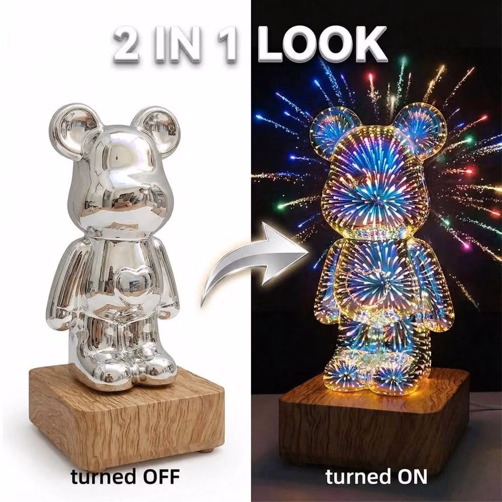 FLAVORA 3D Fireworks Bear LED Night Light, Multicolour Colour Changing Desk Lamp – 3