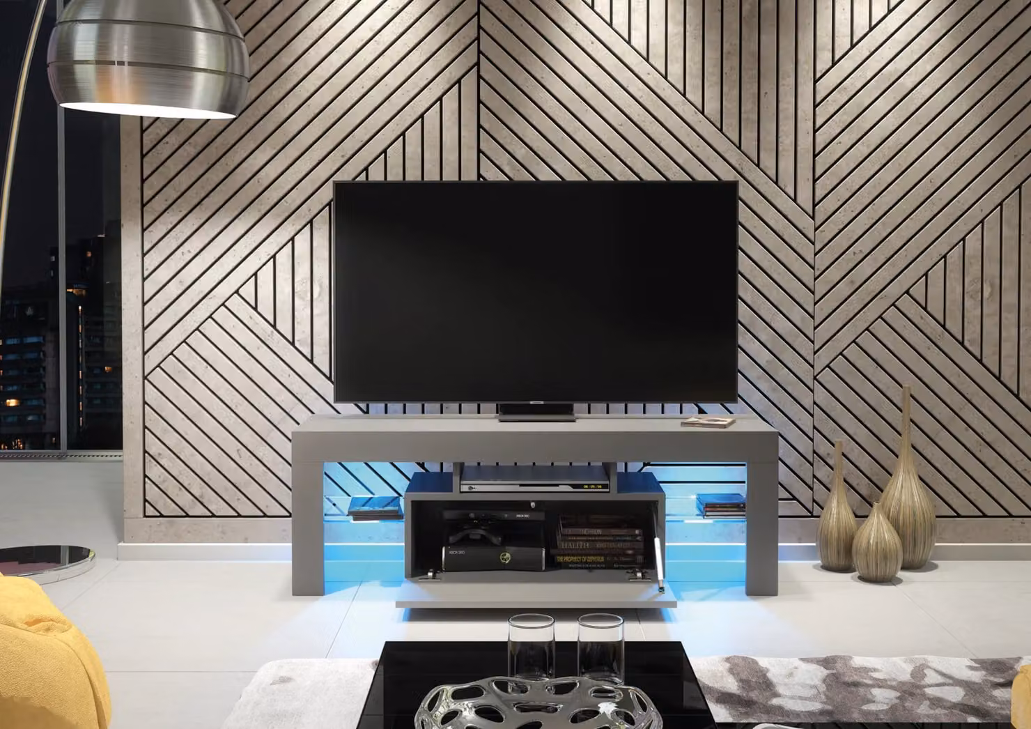 Mex Furniture LTD Modern Glossy TV Unit with LED Lighting in Dark Grey, W: 130 cm, D: 35 cm, H: 45 cm – 5