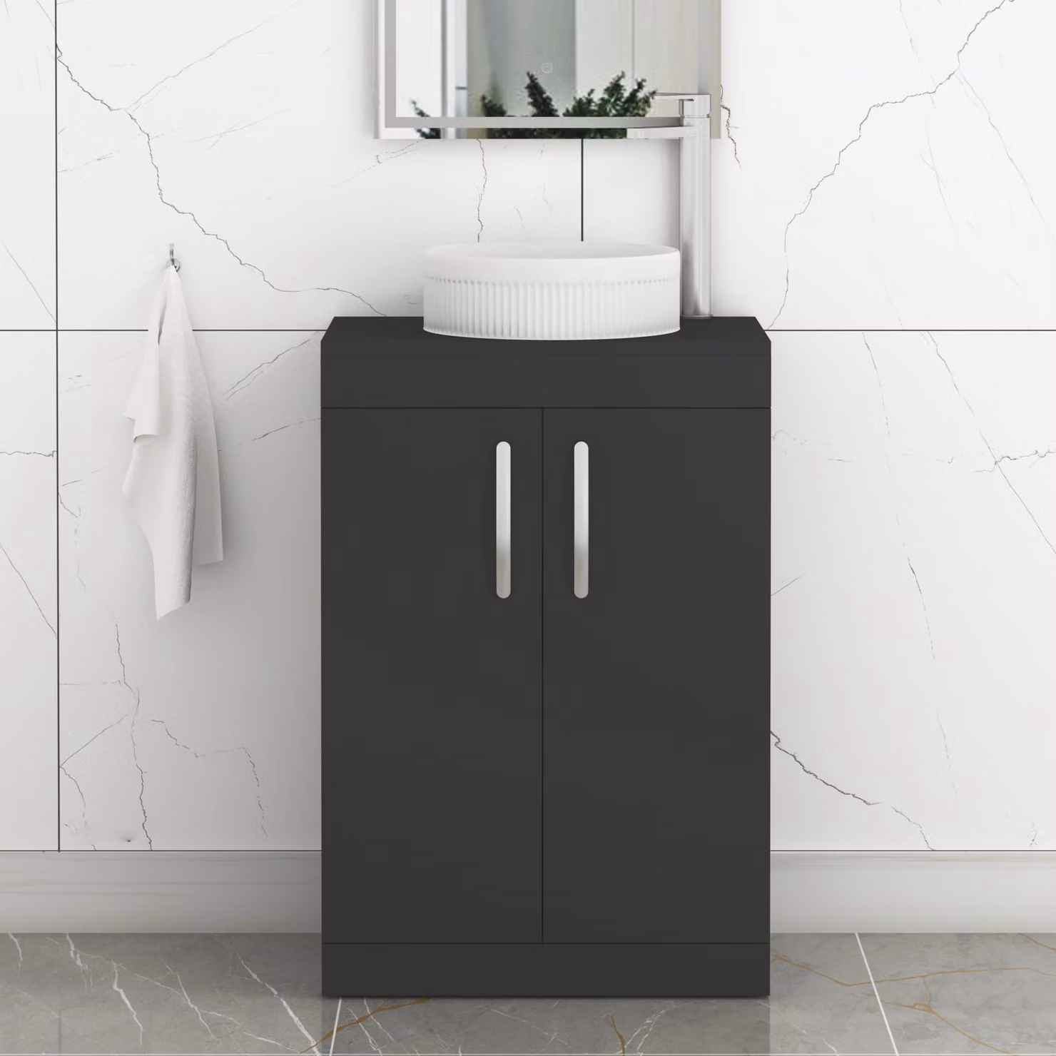 Royal Bathrooms Turin 600mm Floor Standing 2 Door Vanity Unit with Round Countertop Basin in Matte Black