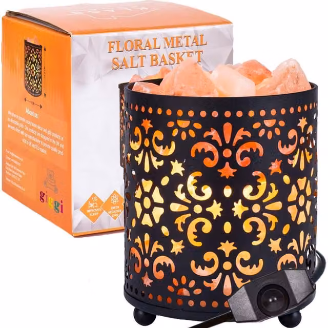 Giggi Himalayan Salt Lamp with Black Metal Floral Basket and Warm White Light