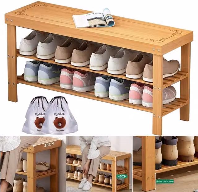 Havendro 3-Tier Wooden Shoe Rack with Seating Bench, Brown, W/D/H: 67 x 25 x 45 cm – 1