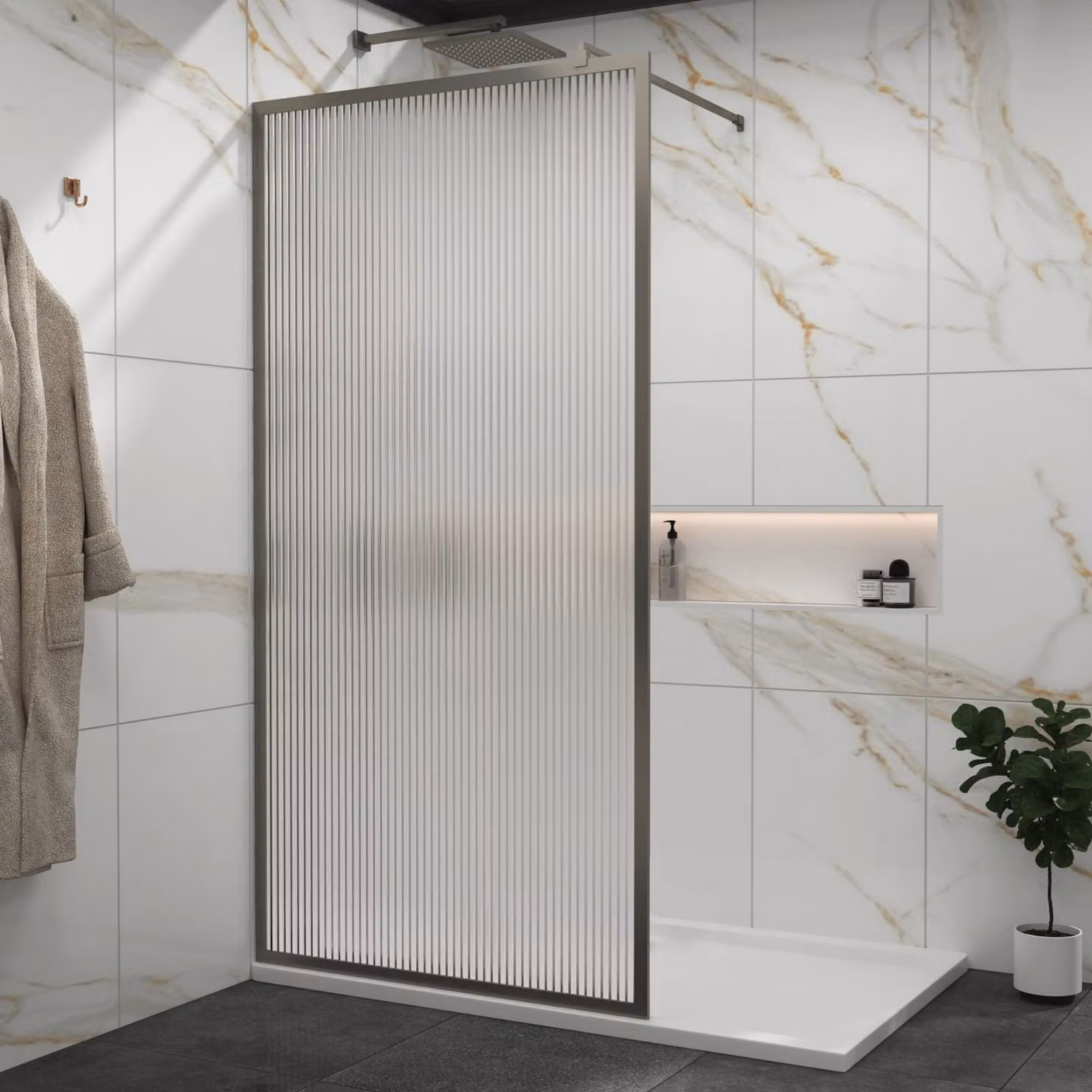 Luxor Walk-In Wet Room Fluted Shower Screen with Gun Metal Grey Frame, 8mm Easy Clean Glass, W: 80 cm, H: 195 cm