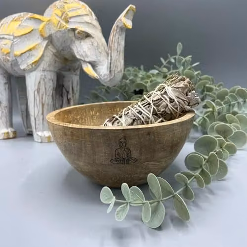 KDMD Wooden Buddha Smudge and Ritual Offerings Bowl, Brown, W: 13 cm, H: 7 cm