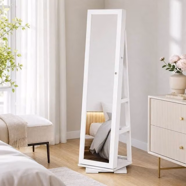 STILVORA Modern White Freestanding Jewellery Cabinet with Full Length Mirror, Internal Shelves and Lock, H 160 cm x W 38 cm