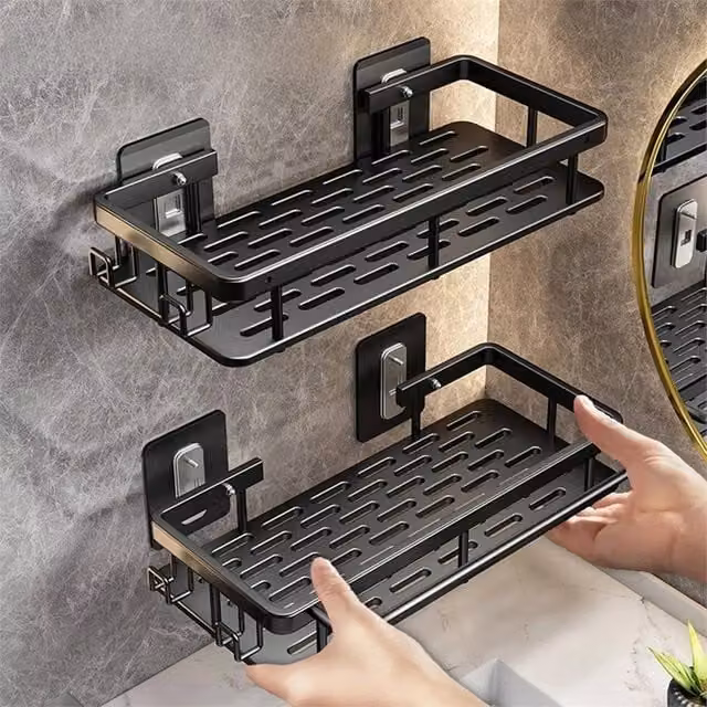 Nordara 2-Piece Matt Black No-Drill Corner Shower Shelf and Wall-Mounted Bathroom Storage Rack