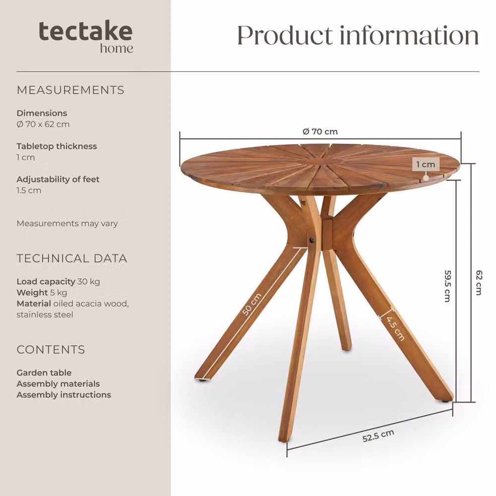 tectake Pollensa Round Garden Table in Brown Oiled Solid Acacia Wood – 6