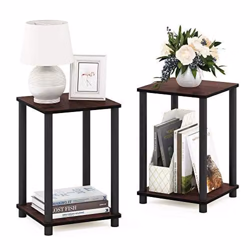 Furinno TURN-N-TUBE Set of 2 Stackable 2-Tier Side Tables with Open Shelves in Dark Cherry